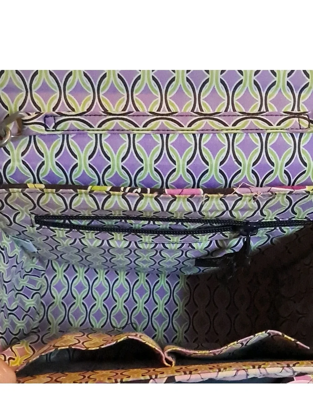 Vera Bradley Floral Brown Quilt Purple Green Shoulder Bag Turn Lock Zip, Pockets